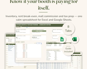 Antique Booth Tracker Spreadsheet, Vintage Vendor Inventory & Booth Rent Profit Dashboard, Antique Mall Seller Excel Google Sheets