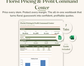 Florist Pricing Calculator Tabelle, Hochzeitsblumen-Rezept & Stammkosten-Tool, Event Floral Profit Tracker, Google Sheets + Excel