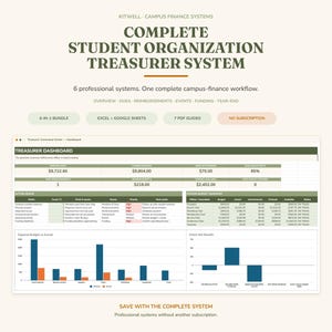 Könnte beinhalten: Ein digitales Dashboard mit dem Titel Complete Student Organization Treasurer System von Kitwell. Die Benutzeroberfläche zeigt Finanzdaten, einschließlich eines Treasurer-Dashboards mit Tabellen, Balkendiagrammen und Budgetübersichten in Grün, Weiß und Blau.