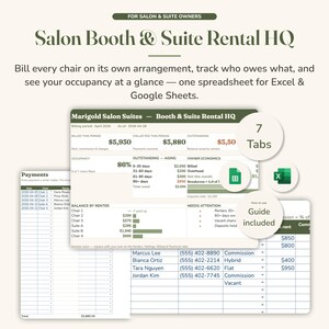 May include: A digital spreadsheet template for salon booth and suite rental management, featuring dark green headers and white cells. It includes tabs for payments, occupancy tracking, and renter data, compatible with Excel and Google Sheets software.