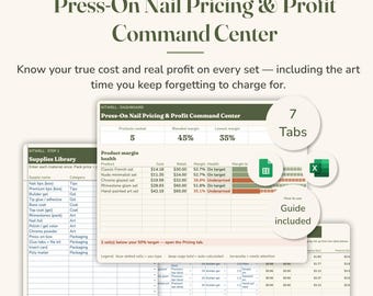Drücken Sie auf Nagelpreisrechner, Gewinntabelle für Nagelkünstlerunternehmen, Kosten pro Set-Tracker, Excel Google Sheets Dashboard