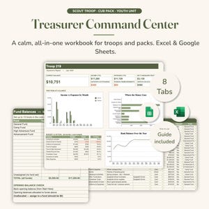 May include: A digital workbook titled Treasurer Command Center for Scout Troop Cub Pack Youth Unit. The interface displays financial data, including income, expenses, fund balances, and charts. It features 8 tabs, Google Sheets and Excel icons, and a guide.