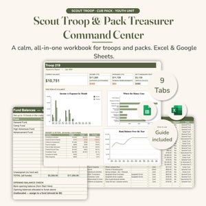 Scout Troop Treasurer Spreadsheet, Pack Budget Dashboard, Dues and Fundraising Account Tracker, Excel & Google Sheets, Bookkeeping Template