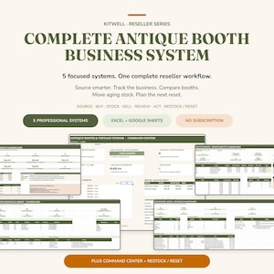 May include: A digital business management system for antique booth resellers titled Complete Antique Booth Business System. It includes five professional Excel and Google Sheets dashboards for tracking inventory, sales, and booth performance without subscriptions.