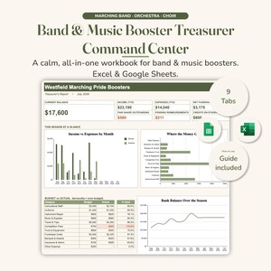 May include: A digital workbook titled Band & Music Booster Treasurer Command Center for Excel and Google Sheets. It features a dashboard with financial reports, bar charts, line graphs, and budget tables for tracking income, expenses, and bank balances.