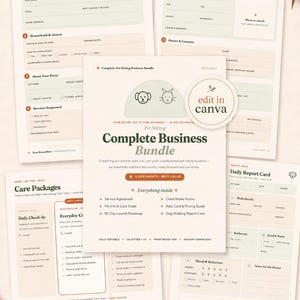May include: A pet sitting business bundle featuring multiple printable documents including a New Client Questionnaire, Pet Info & Care Sheet, Daily Report Card, and Care Packages. The central document is titled Complete Pet Sitting Business Bundle.