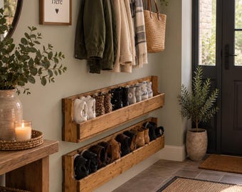 May include: A wall-mounted wooden coat rack with five black hooks holding jackets and a woven tote bag. Below, two tiered wooden shoe racks are mounted to the wall, filled with various pairs of shoes. A sign reads Good Things Happen Here.