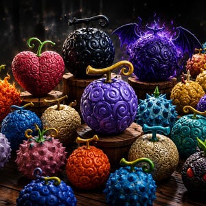 Peut inclure: Une collection d'objets sphériques texturés ressemblant à des fruits, déclinés en rouge, violet, bleu, orange et doré. Chaque pièce présente un motif en spirale ou une surface épineuse et une tige, dont une violette avec des ailes.