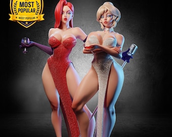 May include: Two stylized female figurines featuring one with long red hair in a sparkling red strapless gown holding a wine glass and one with blonde hair in a sparkling white strapless gown holding a wine glass and a microphone stand. A gold badge reads MOST POPULAR.
