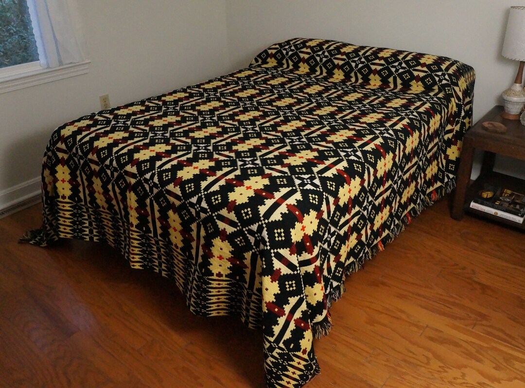 Vintage Welsh Wool Blanket by Brynkir Reversible Doubleweave Coverlet