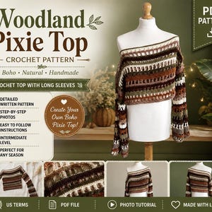 May include: A crochet pattern for a Woodland Pixie Top featuring long sleeves and an off-the-shoulder neckline. The garment displays horizontal stripes in shades of brown, cream, and olive green with varied stitch textures and openwork details.