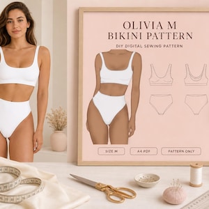 May include: A framed digital sewing pattern for a white bikini, labeled OLIVIA M BIKINI PATTERN, featuring a technical illustration of a two-piece swimsuit, size M, A4 PDF format, and pattern only text, displayed with sewing tools and fabric.