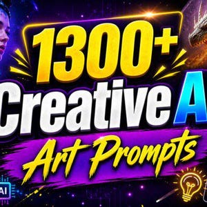 Puede incluir: Un gráfico digital con el texto 1300+ Creative AI Art Prompts en letras amarillas y azules. El fondo muestra varias imágenes generadas por IA, incluyendo un cíborg, un dragón, un robot y un cubo flotante bajo una luna de color rojo.