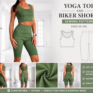 May include: A sewing pattern for a yoga top and biker shorts in sizes XS-2XL. The set includes a sleeveless crop top and high-waisted shorts in olive green. The digital file provides detailed instructions and a printable pattern for home use.