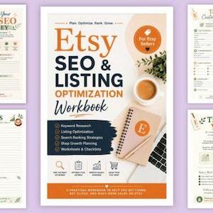 Może przedstawiać: Cyfrowy skoroszyt zatytułowany Etsy SEO & Listing Optimization Workbook z centralną stroną tytułową przedstawiającą filiżankę kawy, notatnik i laptop, otoczony czterema dodatkowymi stronami, w tym przewodnikiem, notatkami, profilem klienta i podziękowaniem.