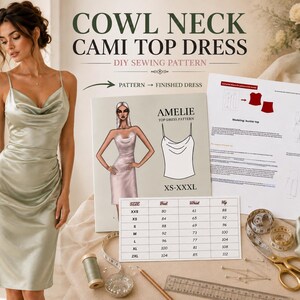 May include: A sage green cowl neck cami top dress sewing pattern titled AMELIE. The set includes a printed instruction sheet, a size chart ranging from XS to XXXL, a spool of thread, scissors, and a ruler. A model wears the finished dress.