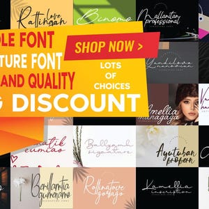 Op de afbeelding: Een digitale collage met diverse cursieve handtekeninglettertypes tegen verschillende achtergronden. Een grote gele banner overlapt het midden met de tekst: BUNDLE FONT, SIGNATURE FONT, CHEAP AND QUALITY, BIG DISCOUNT, SHOP NOW, LOTS OF CHOICES.