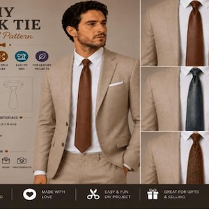 Può includere: Un modello digitale per una cravatta fai-da-te con il testo DIY NECK TIE Digital Pattern. L'immagine mostra una giacca da abito color marrone chiaro con tre diverse cravatte in marrone, grigio scuro e marrone testurizzato, con icone e testo.