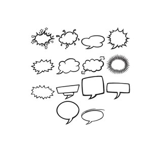 Può includere: Una collezione di quattordici fumetti e nuvolette di pensiero in bianco e nero in stile fumetto. Il set include varie forme come esplosioni frastagliate, nuvole arrotondate, riquadri rettangolari e ovali lisci con contorni definiti.