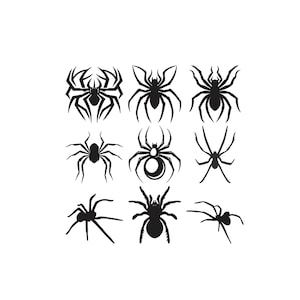 May include: A collection of nine distinct black spider silhouettes arranged in a three-by-three grid. Each spider icon features a unique body shape, leg positioning, and level of detail, ranging from stylized tribal patterns to realistic forms.