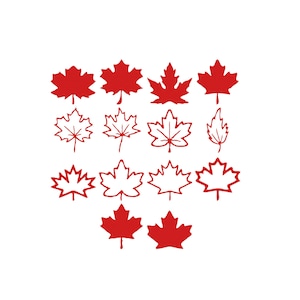 Peut inclure: Une collection de quatorze icônes de feuilles d'érable rouges disposées sur quatre rangées. La rangée supérieure présente des feuilles rouges pleines, la deuxième des contours de feuilles, la troisième des formes variées et la dernière deux feuilles pleines.