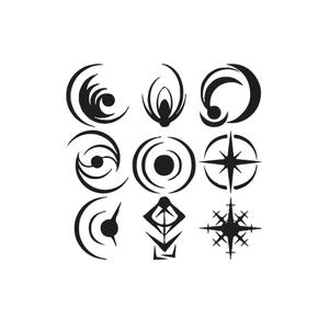 Può includere: Una collezione di nove distinti simboli grafici neri disposti in una griglia tre per tre. I disegni includono varie forme astratte, motivi circolari, una stella e un emblema geometrico, tutti realizzati in nero su uno sfondo bianco.