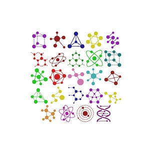 May include: A collection of twenty-five colorful scientific icons arranged in a grid, featuring various molecular structures, atomic models, geometric lattice patterns, and a double helix strand in shades of red, blue, green, purple, and yellow.