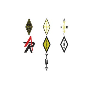 May include: A collection of ARRL logos and symbols featuring diamond shapes, antenna icons, and coil graphics in black, yellow, and red. The designs include the letters A, R, and L arranged in various configurations, including a stylized AR monogram.
