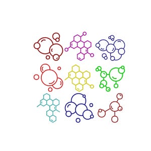 Pode incluir: Uma coleção de nove ícones de estruturas químicas e moleculares distintos dispostos em uma grade de três por três. Os ícones apresentam vários designs de linhas coloridas, incluindo padrões hexagonais de favo de mel e grupos de átomos circulares em vermelho, roxo, azul, amarelo, verde e azul-petróleo.