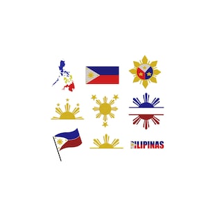 May include: A collection of nine embroidered designs featuring the Philippine flag, a map of the Philippines, various golden sun emblems, and the text PILIPINAS. The motifs utilize red, blue, yellow, and white thread colors on a plain background.