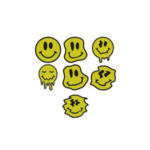 May include: A collection of seven yellow smiley face patches with black outlines. The designs include a standard circle, various distorted and melting shapes, and one with closed eyes, all featuring black facial expressions on a yellow background.