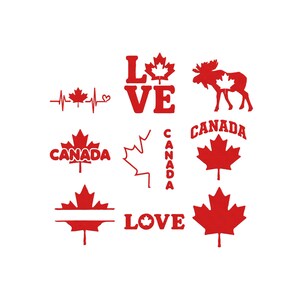 May include: A collection of red graphic designs featuring Canadian themes, including a heartbeat line with a maple leaf, the word LOVE with a maple leaf, a moose silhouette, maple leaves, and the word CANADA in various fonts and layouts.