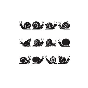 May include: A collection of twelve black snail silhouettes arranged in three rows of four. Each snail features a distinct shell pattern, including spiral, geometric, and solid designs, all depicted in a flat, minimalist graphic style.