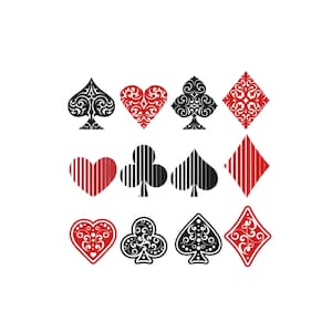 May include: A collection of twelve playing card suit symbols arranged in three rows. The designs include hearts, diamonds, clubs, and spades in black and red colors, featuring intricate filigree patterns and vertical striped line textures.