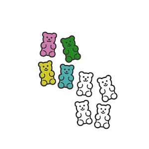 May include: A collection of seven embroidered patches shaped like gummy bears. Four patches are coloured in pink, green, yellow, and blue, while three patches are white with black outlines. Each bear features a simple stitched face and body.