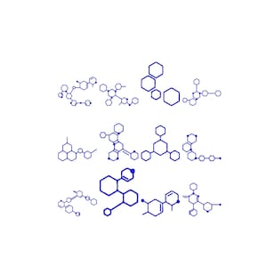May include: A collection of eleven distinct dark blue chemical structure diagrams arranged in three horizontal rows. Each graphic features interconnected hexagonal rings, lines, and circular nodes representing complex molecular bonds and structures.