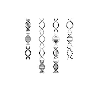 May include: A collection of eight distinct black and white graphic illustrations of DNA double helix structures. Each vertical design features unique patterns, including solid lines, dotted sequences, and ladder-like rungs, arranged in a vertical grid.