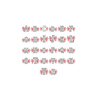 May include: A complete alphabet from A to Z featuring black uppercase letters, each flanked by small red decorative bows on both sides. The letters are arranged in a grid format, displaying a consistent design style for every character in the set.