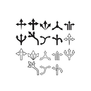 Può includere: Una collezione di venti icone a forma di freccia distinte disposte su quattro righe. Le due righe superiori presentano disegni di frecce nere piene, mentre le due righe inferiori mostrano contorni identici delle stesse forme di freccia.