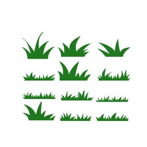 Puede incluir: Una colección de doce siluetas de hierba verde distintas dispuestas en una cuadrícula. Cada elemento gráfico presenta un patrón único de hojas puntiagudas, que varían en altura y densidad, presentadas como formas verdes planas y sólidas.