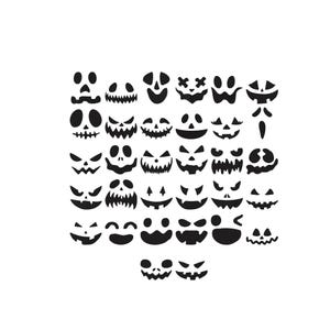 May include: A collection of thirty-two black silhouette designs featuring various jack-o'-lantern facial expressions, including jagged teeth, triangular eyes, and wide grins, arranged in a grid pattern on a plain white background.