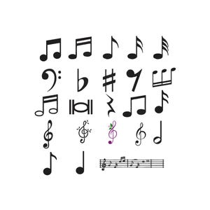 May include: A collection of twenty-four black musical symbols arranged in a grid, including various notes, rests, clefs, and a sharp sign. One treble clef is purple with green leaves. A small musical staff with notes is at the bottom right.