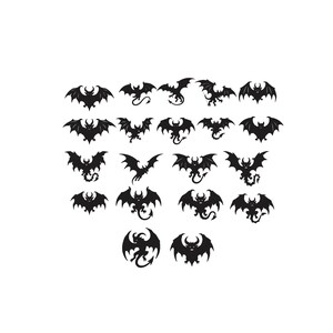 Könnte beinhalten: Eine Sammlung von neunzehn schwarzen Silhouetten-Symbolen, die verschiedene geflügelte Dämonenfiguren darstellen. Jede Figur zeigt unterschiedliche Posen mit ausgebreiteten Flügeln, geringelten Schwänzen und gehörnten Köpfen, angeordnet in einem Raster.