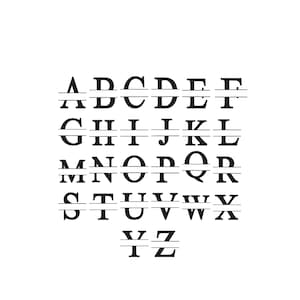 May include: A complete set of black uppercase letters from A to Z, each featuring a horizontal split line through the center. The alphabet is arranged in five rows, displaying a serif font style where every character is divided into two parts.