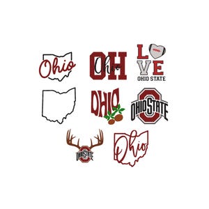 May include: A collection of eight Ohio State themed graphic designs featuring the state outline, the word Ohio in script and block lettering, a heart-shaped football, buckeye leaves, the Ohio State logo, and a deer antler graphic with the logo.