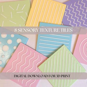 May include: Eight square sensory texture tiles in pastel colors including light green, yellow, purple, blue, and pink. Each tile features a unique raised white pattern such as circles, stripes, zigzags, waves, and a spiral. Text reads 8 SENSORY TEXTURE TILES.