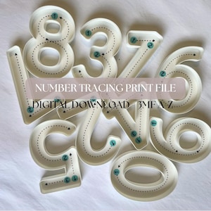 May include: A collection of white, three-dimensional number molds featuring dotted lines and numbered arrows for tracing. The text "NUMBER TRACING PRINT FILE DIGITAL DOWNLOAD - 3MF A-Z" is overlaid in the center of the arrangement of these plastic digits.
