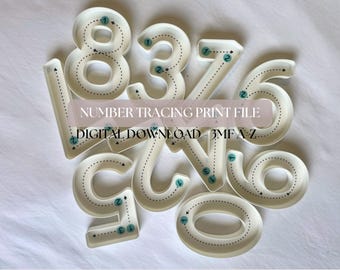 May include: A collection of white, three-dimensional number molds featuring dotted lines and numbered arrows for tracing. The text "NUMBER TRACING PRINT FILE DIGITAL DOWNLOAD - 3MF A-Z" is overlaid in the center of the arrangement of these plastic digits.