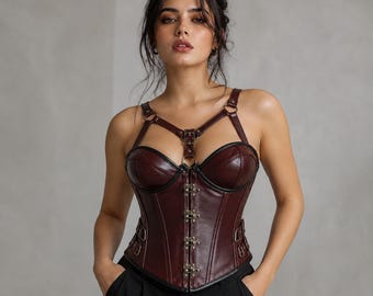 Corsé de cuero burdeos, bustier gótico con copas, corsé con arnés steampunk, moda alternativa oscura, bustier de cuero para mujer
