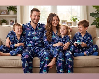 UFO Galaxy Satin Pyjama Set | Cosmic Print Button Up Loungewear